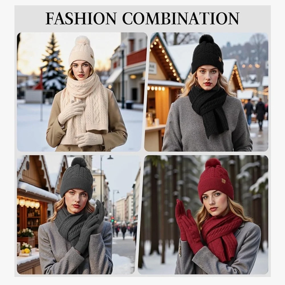 🆕 Winter Beanie Hat Scarf Gloves Touchscreen Gloves Long Neck Scarf Set w/Fleece